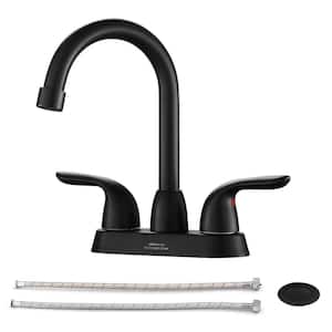 4 in. Centerset Double-Handle High Arc Bathroom Faucet with Drain Kit Included Modern Brass Basin Taps in Matte Black
