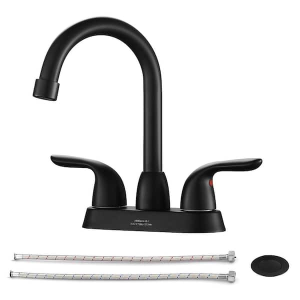 FLG 4 in. Centerset Double-Handle High Arc Bathroom Faucet with Drain Kit Included Modern Brass Basin Taps in Matte Black
