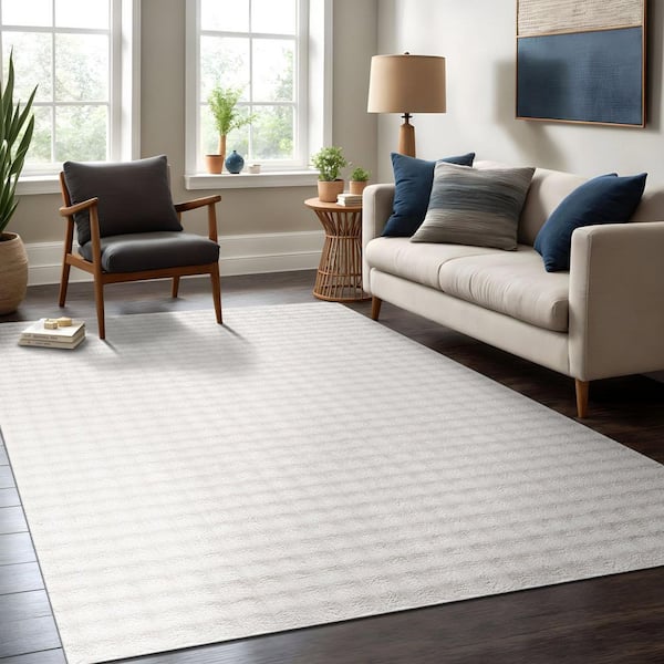 Aurora 3 ft. x 5 ft. White Non-Slip Rubber Back Washable Polyester Checker Indoor Rug