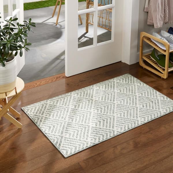 Everyday Walker Modern Stripe Sage Green 24 in. x 40 in. Machine Washable Kitchen Mat