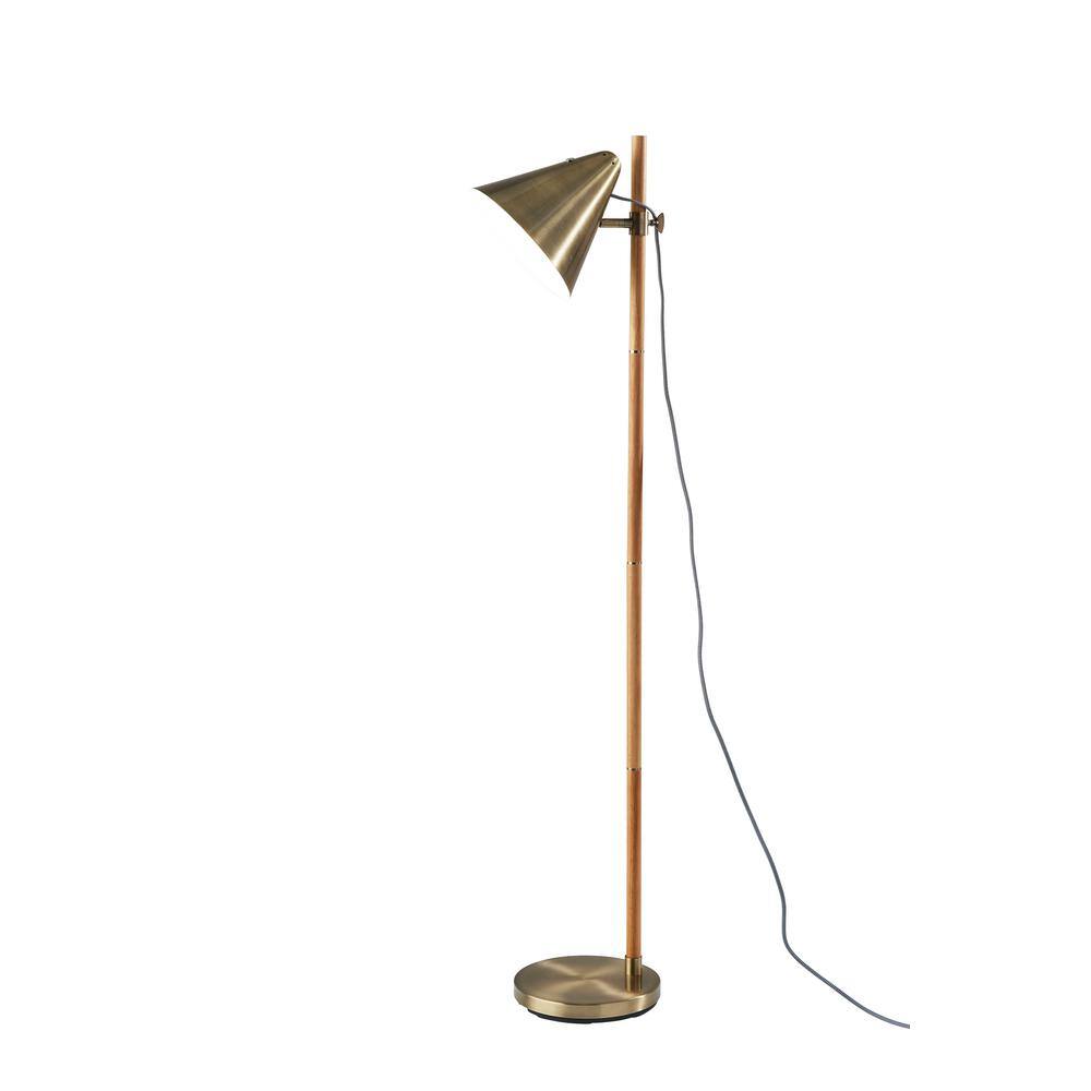 Adjustable Natural Rubberwood and Antique Brass Floor Lamp with Touch Switch