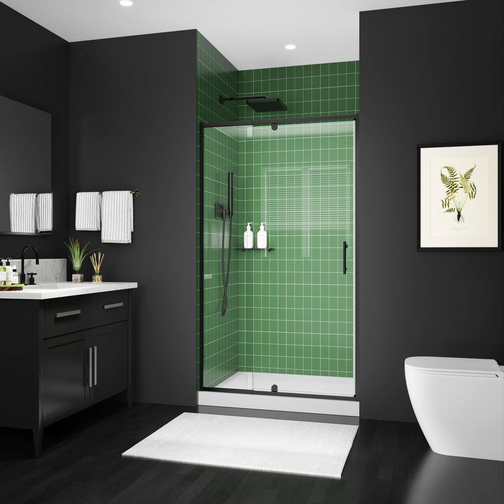 42-inch Black Semi-Frameless Pivot Shower Door with Clear Glass