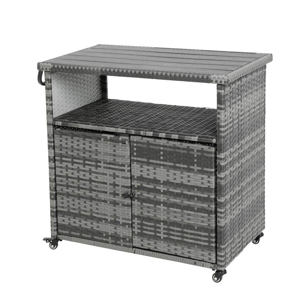 Aqua Grey Wicker Outdoor Bar Cart, Patio Rolling Wine Serving Cart with Whe