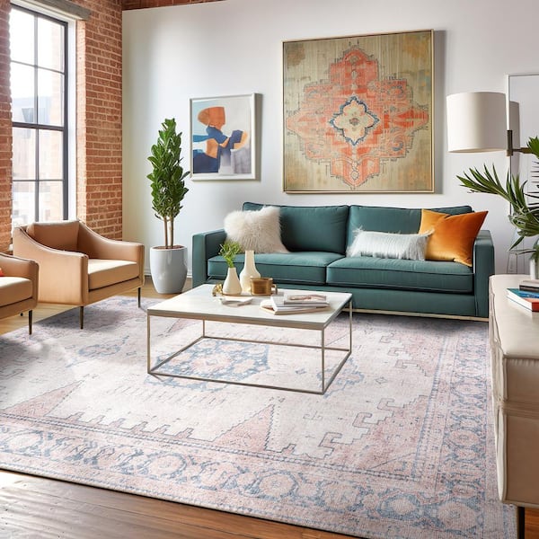 Vintage Bohemian Machine Washable Non Slip Beige 4 ft. x 6 ft. Area Rug