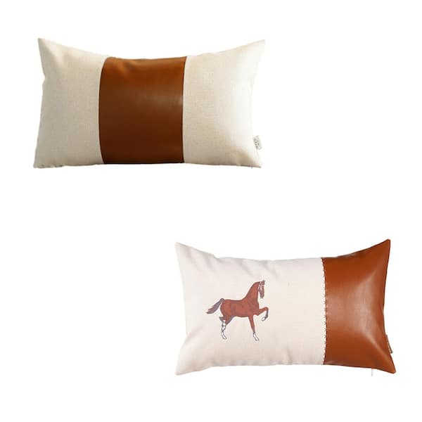 MIKE & Co. NEW YORK Boho Embroidered Horse Set of 2 Throw Pillow 12" x 20" Vegan Faux Leather Solid Beige & Brown Square for Couch, Bedding