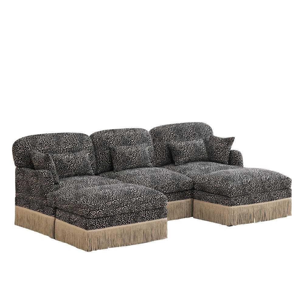 Leopard Print Chenille 131 in. Wide Track Arm Modern Modular 4-Seater Sofa with Tassel Edge in Khaki Black