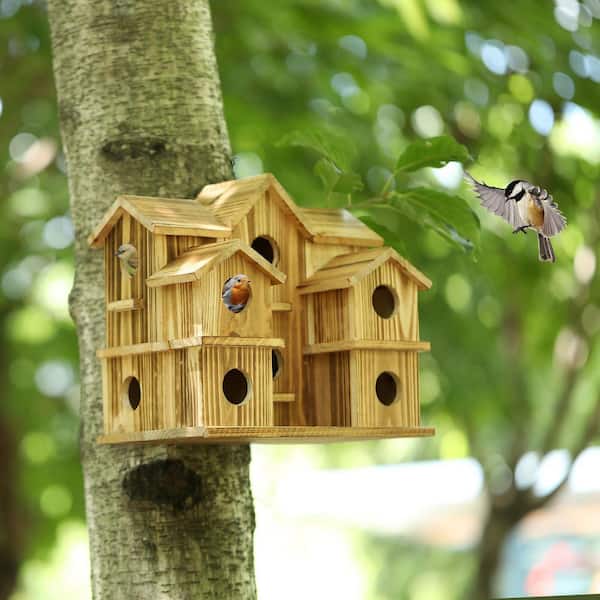 OGETFUUR 10-Hole Wood Birdhouse Garden Courtyard Backyard Decor