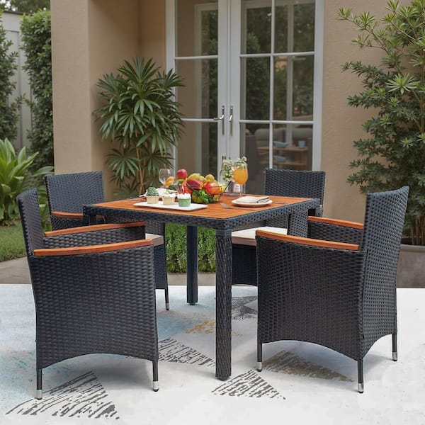 Tozey 5-Piece Acacia Wood and Black Wicker Outdoor Dining Set with Beige Cushions