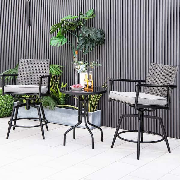 Gymax Wicker Swivel Outdoor Bar Stools Patio Counter Height Bar Chairs with Grey Cushions Set of 2