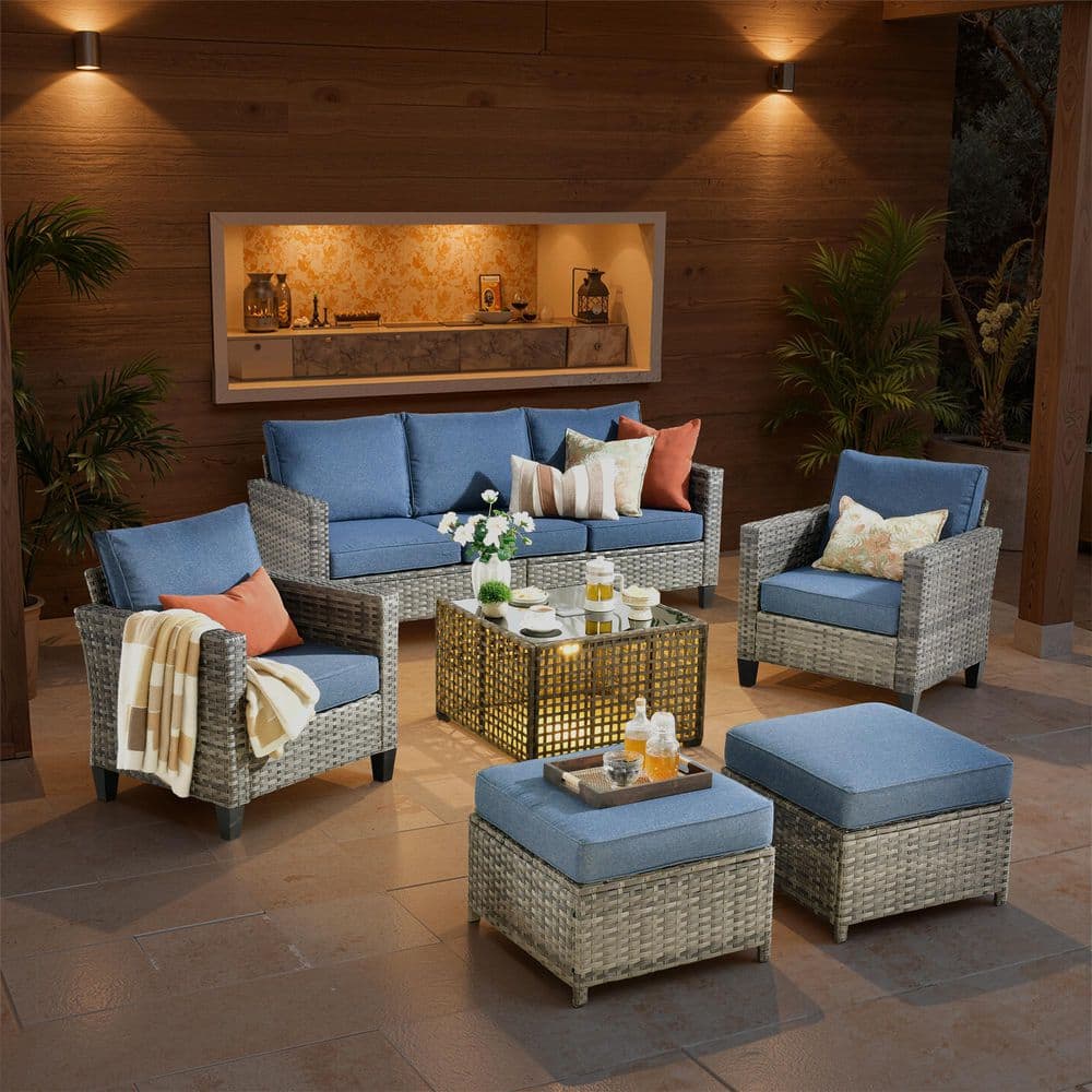 Neon 6 Pieces Wicker Patio Conversation Seating Sofa Set with Denim Blue Cushions price history on PriceWatchPro