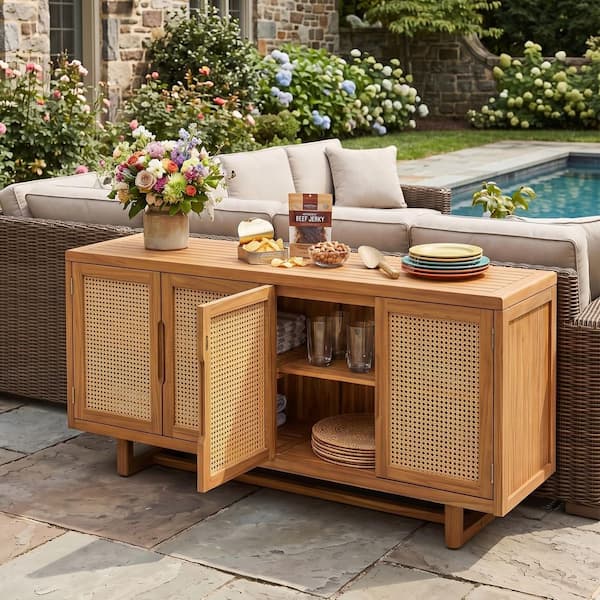 Country 30.7 in. H Teak Finish Solid Wood Outdoor Sideboard Accent Storage Cabinet with Natural Yellow PE Wicker Doors
