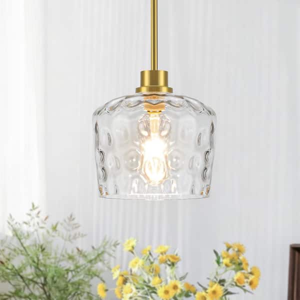 RayHome 1-Light Modern Gold Adjustable Height Pendant Light with Hand-Blow Hammered Glass for Kitchen Island Living Room