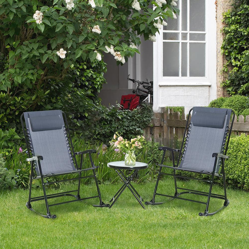 Grey 3-Piece Metal Outdoor Bistro Set, Patio Rocking Folding Chair Table Se