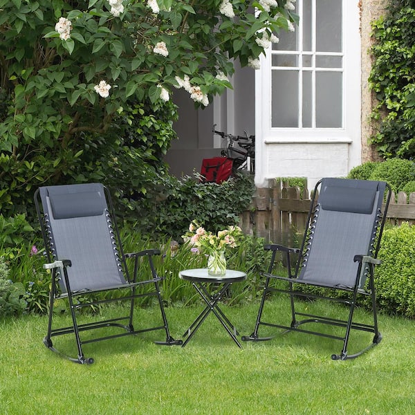 Unbranded Grey 3-Piece Metal Outdoor Bistro Set, Patio Rocking Folding Chair Table Set with Pillows for Yard, Deck, Backyard