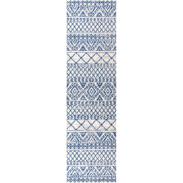 Moroccan HYPE Boho Vintage Tribal Cream/Blue 2 ft. 3 in. x 8 ft. Runner Rug