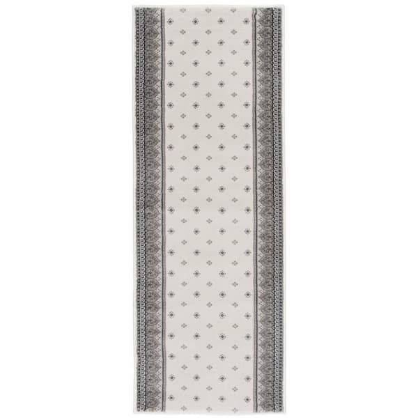 Kurdamir Fleur de Lis Oyster/Chalk 33 in. x Your Choice Length Stair Runner Rug