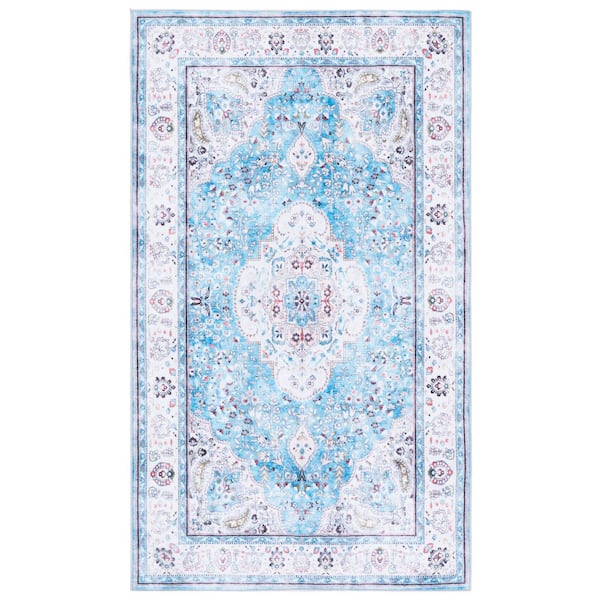 Martha Stewart Washable Turquoise/Beige 3 ft. x 5 ft. Machine Washable Medallion Border Area Rug