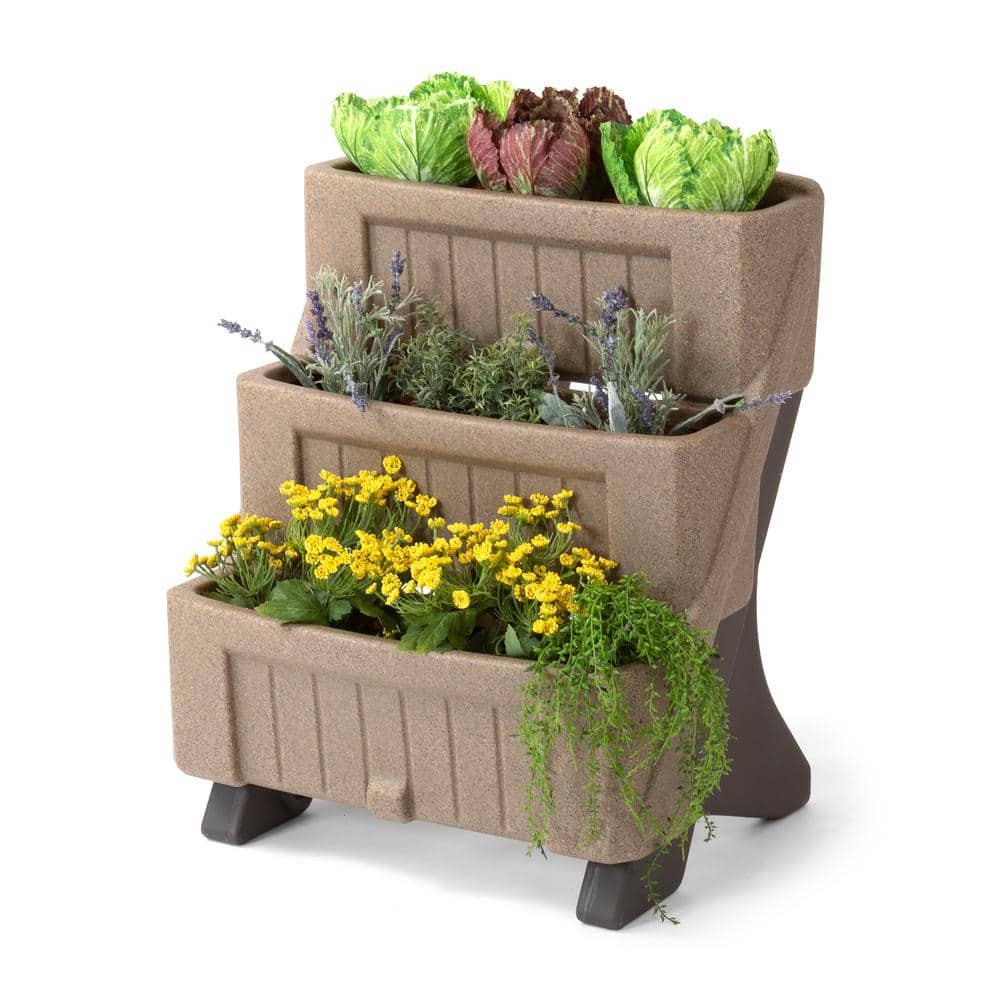 Tan Plastic 3-Level Vertical Herb and Flower Planter