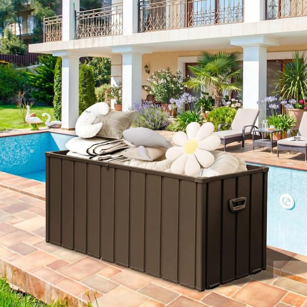 WOQWOQ Brown 190 Gallon Metal Patio Storage Bench Lockable Waterproof Steel Outdoor Box for Porch Cushions Pool Tools Backyard YFD-077