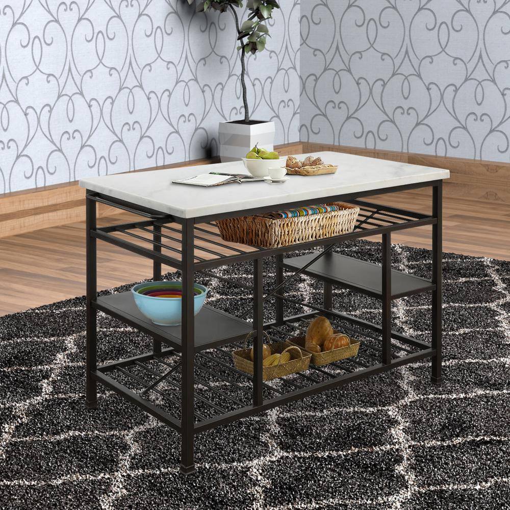 White Marble Top Brown Metal Kitchen Island with Shelves