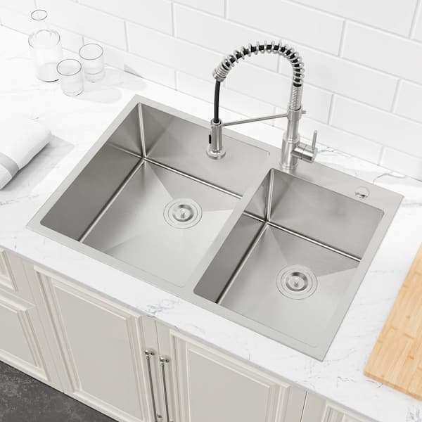 TMS 33 in. L x 22 in. W Brushed Nickel Drop-in/Undermount Double Bowl Steel Kitchen Sink with Strainers