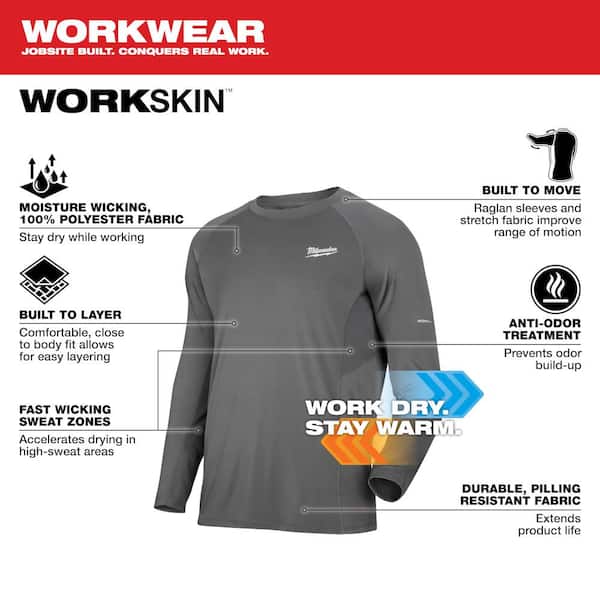 Men's 3X-Large Gray Work Skin Long Sleeve Mid Weight Performance Shirt