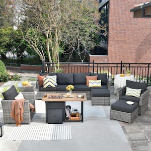 Eufaula Gray 10-Piece Wicker Modern Outdoor Patio Conversation Sofa Set with a Storage Fire Pit and Black Cushions