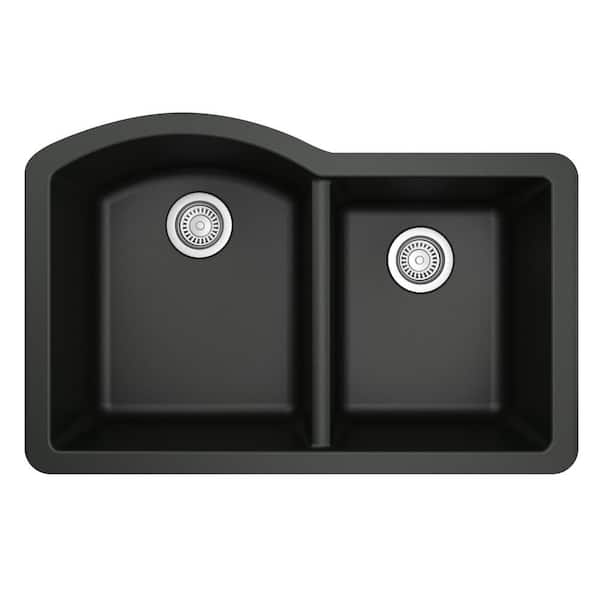 Undermount Quartz/Granite Composite 32 in. 60/40 Double Bowl Kitchen Sink in Black