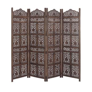 6 ft. Handmade Hinged Foldable Partition Brown Floral 4 Panel Room Divider Screen with Intricately Carved Designs