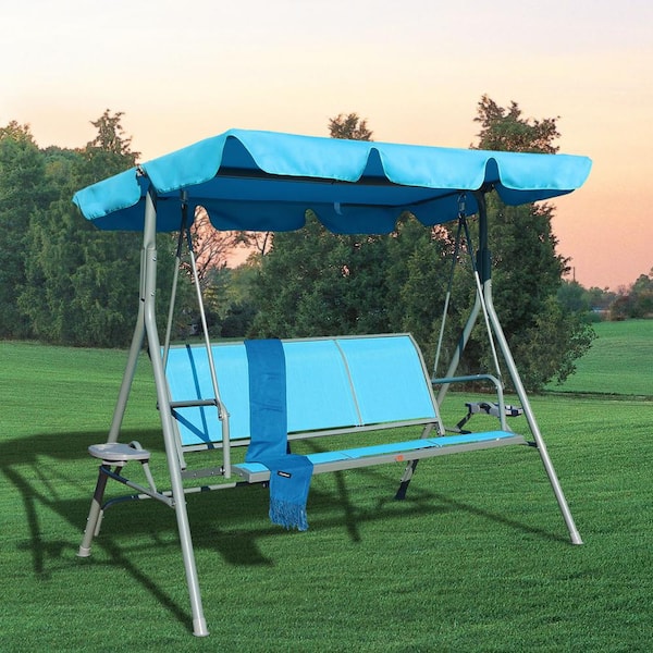 blue 3 person swing with canopy