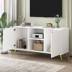 White TV Stand Fits TV's up to 55 in. with Adjustable Shelf, Metal Legs, Handles and Anti-Tip Device