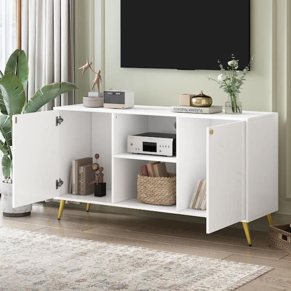 White TV Stand Fits TV's up to 55 in. with Adjustable Shelf, Metal Legs, Handles and Anti-Tip Device