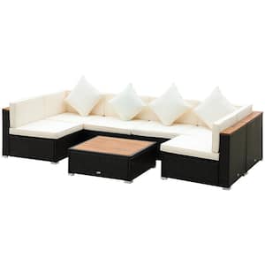 7-Pieces Wicker Outdoor Patio Conversation Set with Acacia Top Coffee Table and Beige Cushion
