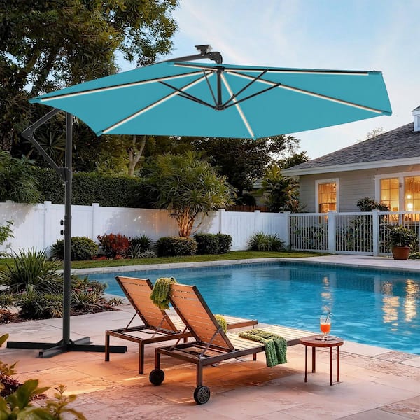 led offset patio umbrella 10' Solar Cantilever - Lights & UV Protection and premium polyester fabric that is sun protective 10FT Hanging Offset Umbrella 32