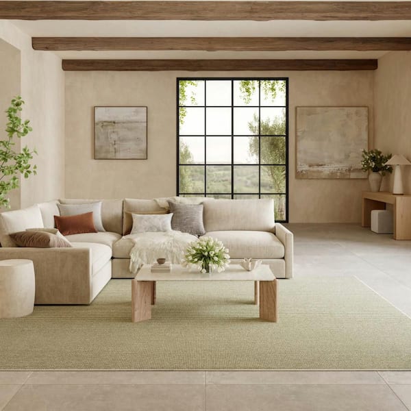 Textured Home Ivory Green 8 ft. x 10 ft. All-over design Contemporary Area Rug