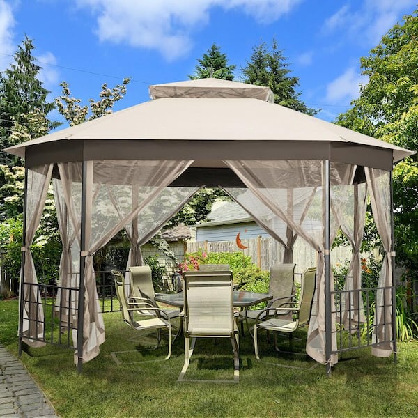 10 ft. x 12 ft. Beige Octagonal Patio Gazebo Double Top Pop-Up Gazebo Tent with Mosquito Net and Metal Frame