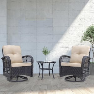 3-Piece Wicker Outdoor Conversation Chat Set Seating Group W/ Swivel and Glider Chairs, Glass Top Side Table,Dark Brown