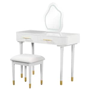 2-Drawers White Makeup Vanity Table Wooden Dressing Desk with Touch Screen Lighted Mirror, Cushioned Stool