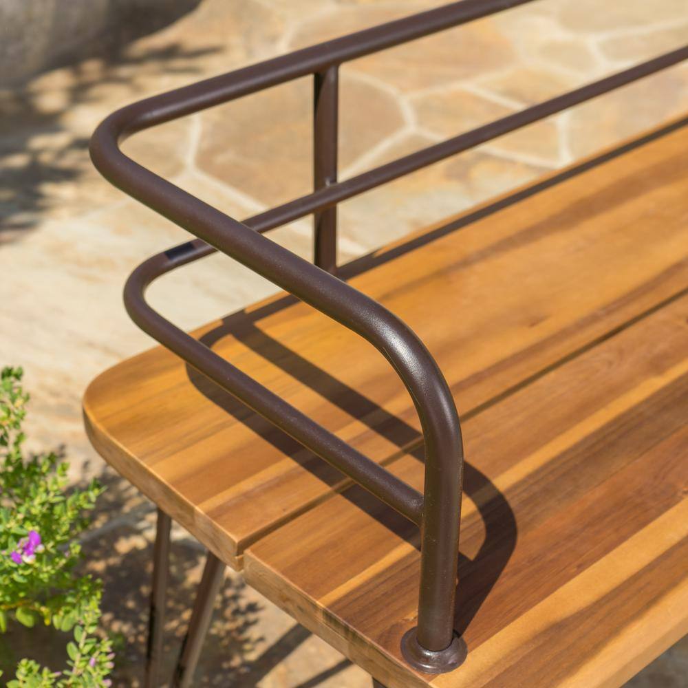 Teak and Rustic Metal Industrial Outdoor Bench