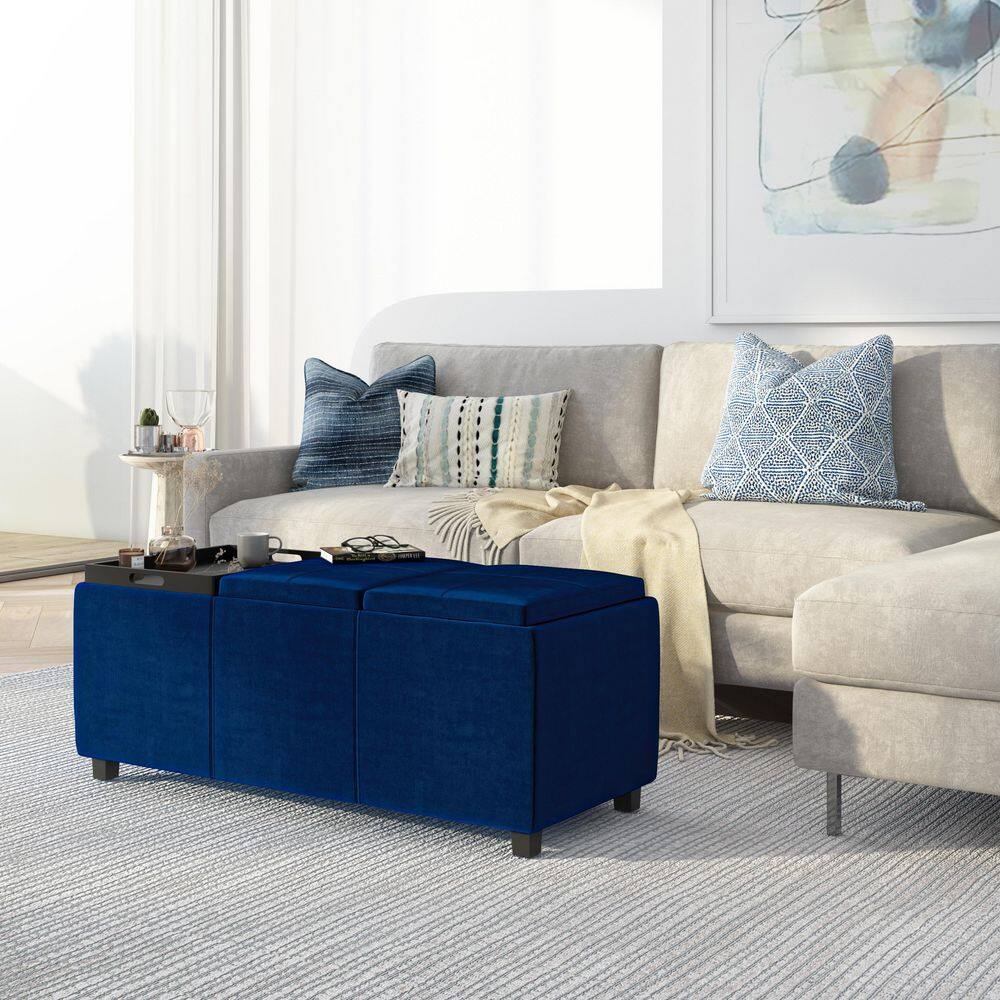 Avalon 42" Blue Velvet Rectangular Storage Ottoman with Tray