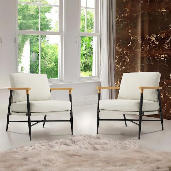 Modern Beige Cotton Fabric Upholstered Arm Chair with Metal Base(Set of 2)