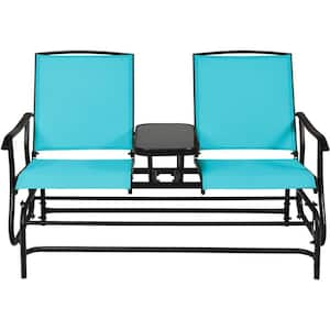 57 in. W 2-Person Metal Outdoor Glider Bench Double Rocker Chair with Center Table, Turquoise