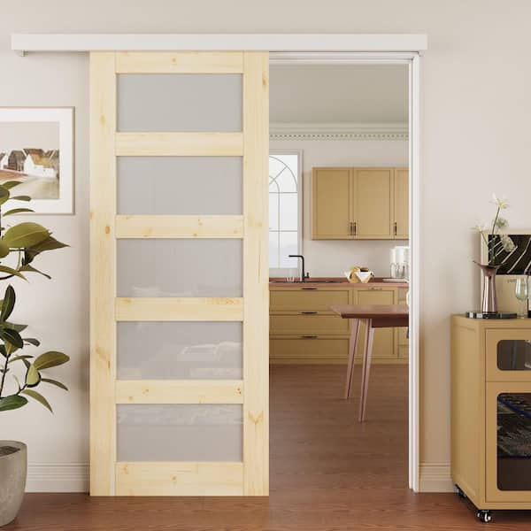 ARK DESIGN 32 in. x 80 in. Hidden Track Style 5-Lite Frosted Glass Unfinished Glass Sliding Barn Door with Hardware Kit