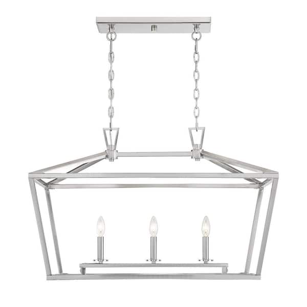 Savoy House Townsend 32 in. W x 21 in. H 3-Light Satin Nickel Linear Chandelier with Metal Cage Frame