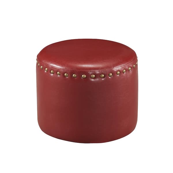 Kings Brand Furniture Red Nailhead Trim Faux Leather Round Ottoman
