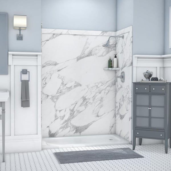 FlexStone Royale 36 in. x 60 in. x 80 in. 11-Piece Easy Up Adhesive Alcove Bathtub/Shower Wall Surround in Calacatta White