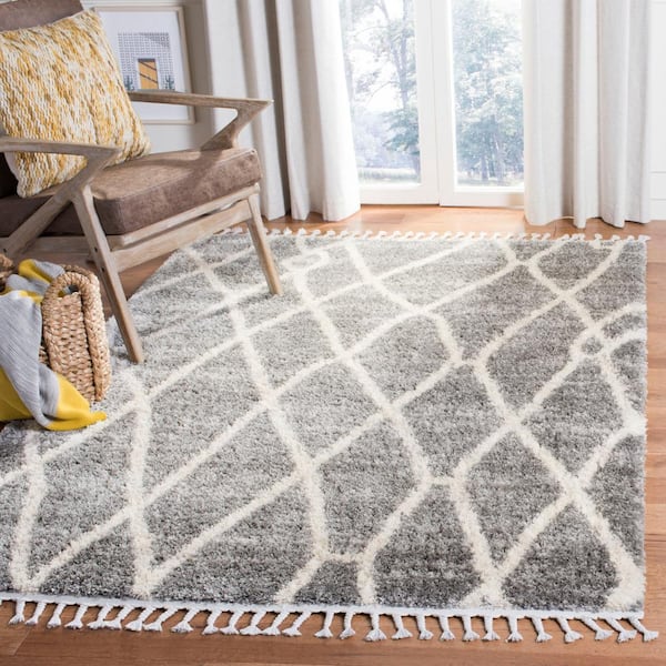 Berber Fringe Shag Gray/Cream 7 ft. x 7 ft. Square Diamond Geometric Abstract Area Rug