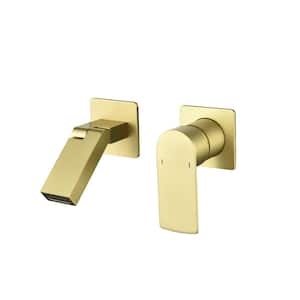Single Handle Wall Mounted Bathroom Faucet with Foldable Spout 2 Hole Brass Waterfall Bathroom Basin Tap in Brushed Gold