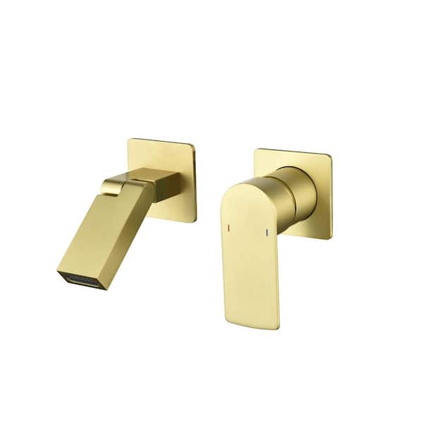 AIMADI Single Handle Wall Mounted Bathroom Faucet with Foldable Spout 2 Hole Brass Waterfall Bathroom Basin Tap in Brushed Gold