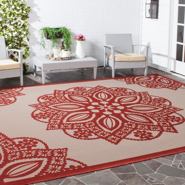 Courtyard Beige/Red 7 ft. x 7 ft. Square Border Indoor/Outdoor Patio  Area Rug